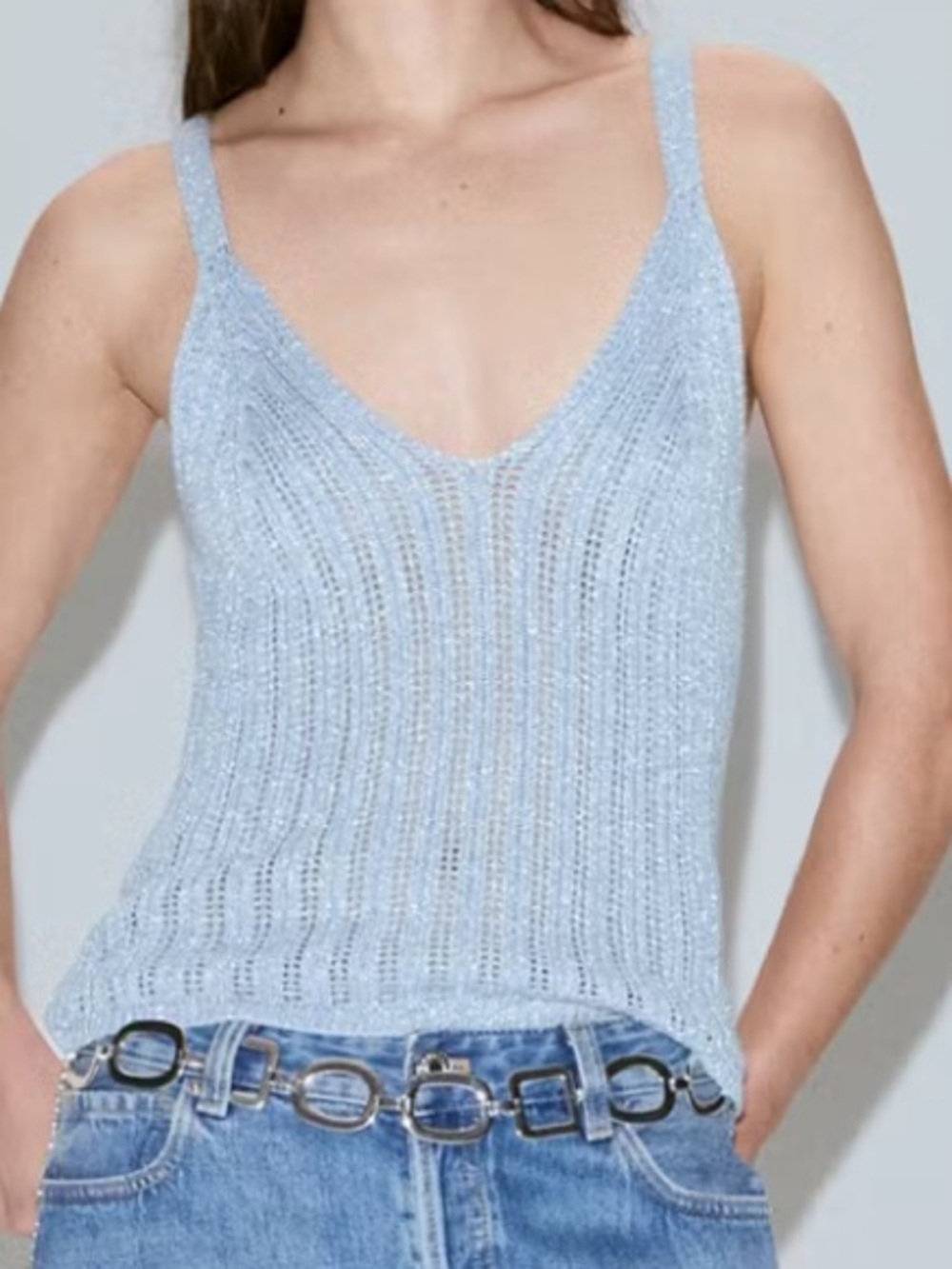Mango Light Blue Ribbed Knit V-Neck Camisole OPENWORK LUREX KNIT TOP 1376